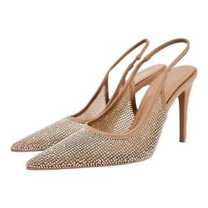 Women's Mesh Crystal Slingback Pumps Pointed Toe Rhinestone Strap Sexy Wedding 6